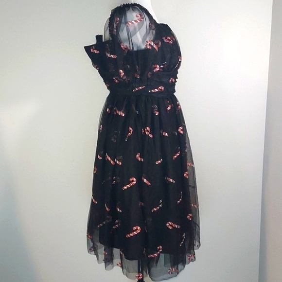Unique Vintage Black Glitter Sheer Mesh Candy Cane Babydoll Dress Size S/4 NWT - Picture 2 of 16